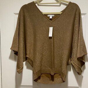 New York & Company Brown Metallic Butterfly Sleeve V-Neck Cropped Top Size S